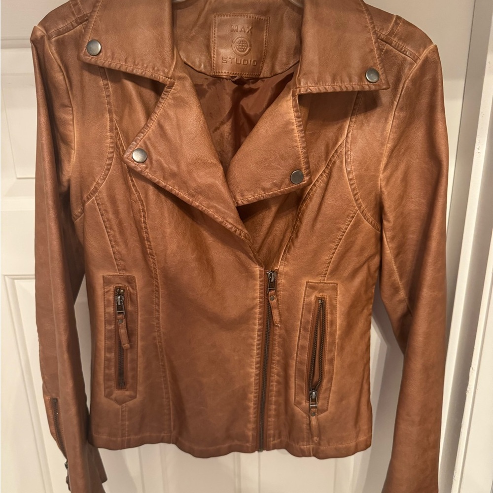 Max Studio Brown Motorcycle Jacket with Distressed Finish